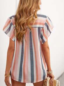 Breezaya 條紋圖案繫帶領蝴蝶袖襯衫 - 彩色 - 查看 2