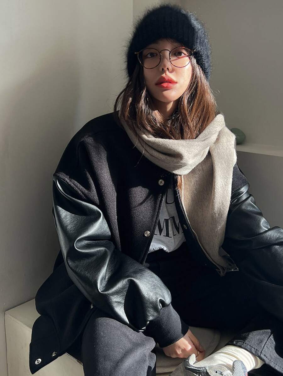 DAZY Drop Shoulder Contrast PU Sleeve Jacket - Black - View 1