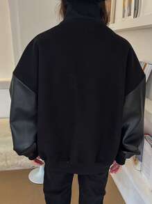 DAZY Drop Shoulder Contrast PU Sleeve Jacket - Black - View 2