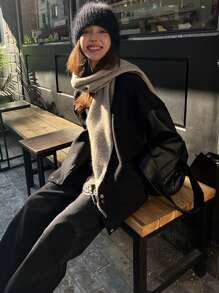 DAZY Drop Shoulder Contrast PU Sleeve Jacket - Black - View 3