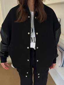 DAZY Drop Shoulder Contrast PU Sleeve Jacket - Black - View 4