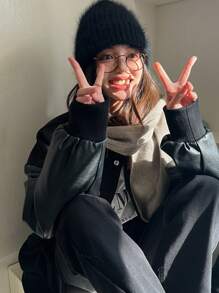 DAZY Drop Shoulder Contrast PU Sleeve Jacket - Black - View 5