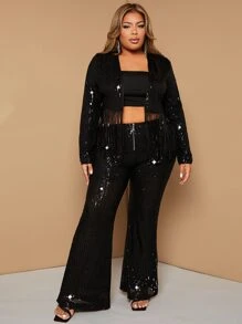 SHEIN SXY Plus Fringe Trim Sequin Jacket - Black - View 3