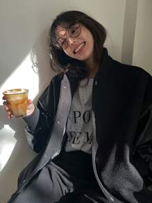 DAZY Drop Shoulder Contrast PU Sleeve Jacket - Black - View 7