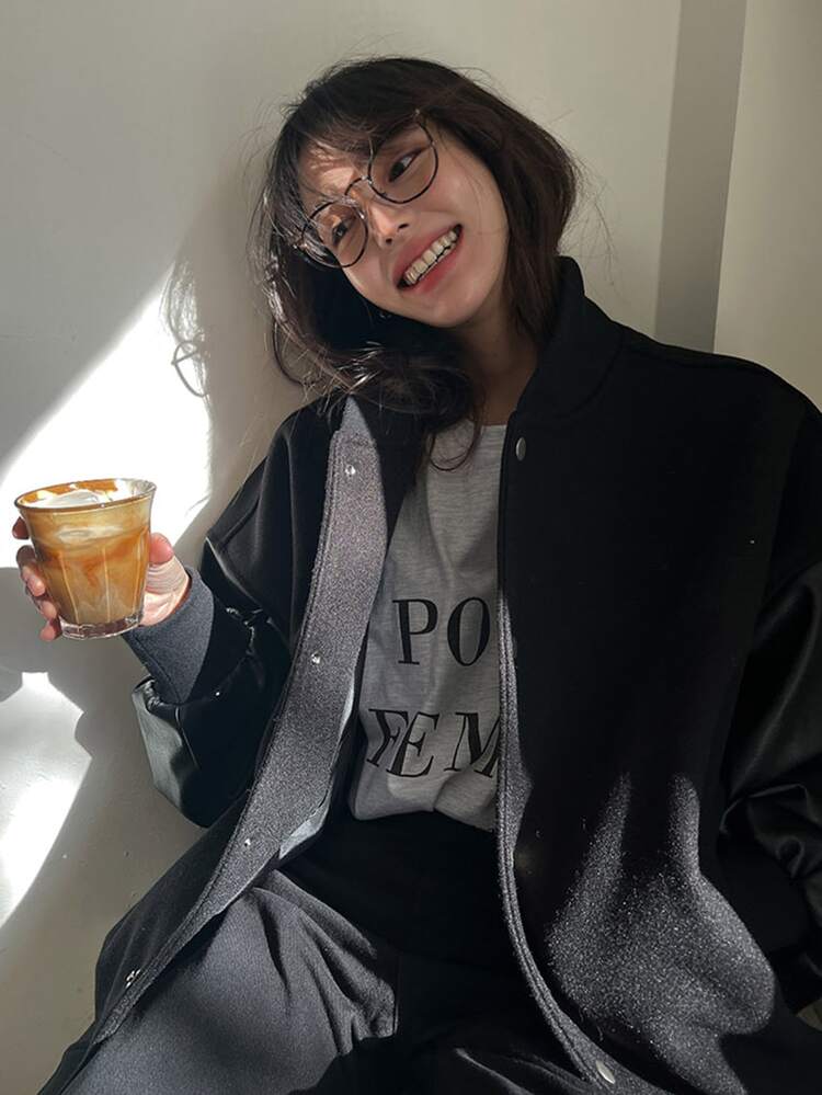 DAZY 落肩袖拼接PU皮革袖夾克 - 黑色 - 查看 7