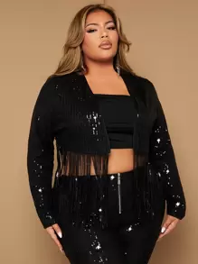 SHEIN SXY Plus Fringe Trim Sequin Jacket - Black - View 1