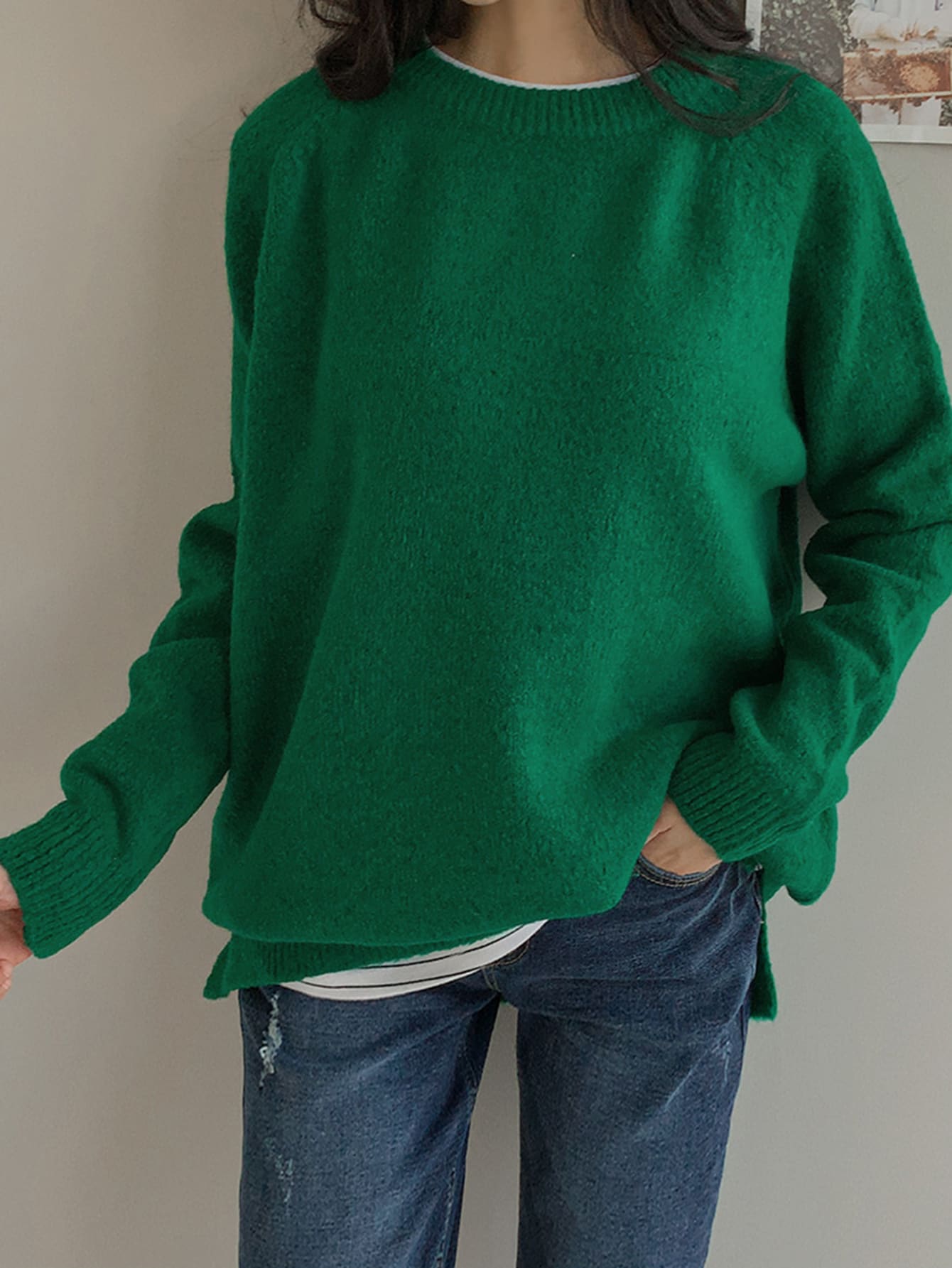1pc Raglan Sleeve Slit Hem Sweater