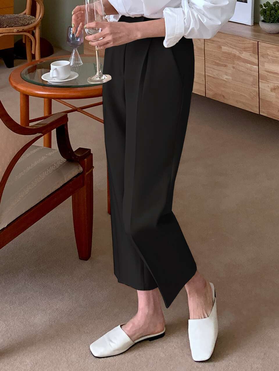 Zipper Fly Plicated Detail Cropped Pants,Women Dress Pants,Back To School Clothes,Teacher Pants