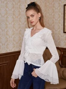 SHEIN MOD Floral Jacquard Ruffle Trim Flounce Sleeve Blouse - White - View 4