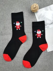 1 Par De Calcetines Hasta La Pantorrilla Para Hombre Con Estampado De Papá Noel - Negro - Ver 1