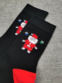 1 Par De Calcetines Hasta La Pantorrilla Para Hombre Con Estampado De Papá Noel - Negro - Ver 4
