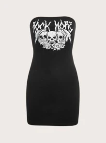 ROMWE PUNK Skull & Letter Graphic Tube Bodycon Dress - Black - View 1