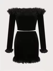 SHEIN BAE Off Shoulder Fuzzy Trim Velvet Top & Skirt - Black - View 1