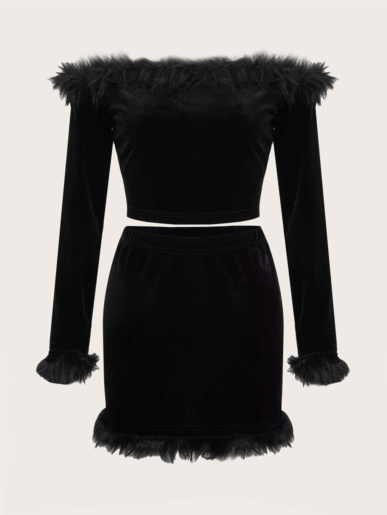 SHEIN BAE Off Shoulder Fuzzy Trim Velvet Top & Skirt - Black - View 1