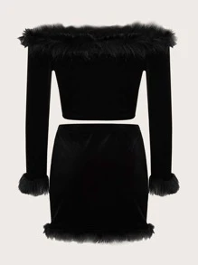 SHEIN BAE Off Shoulder Fuzzy Trim Velvet Top & Skirt - Black - View 2