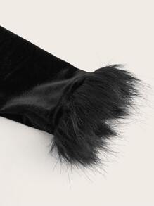 SHEIN BAE Off Shoulder Fuzzy Trim Velvet Top & Skirt - Black - View 3