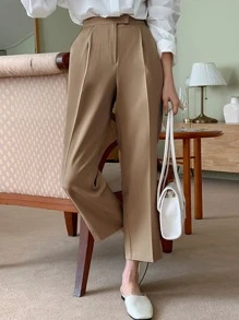 DAZY Zipper Fly Plicated Detail Cropped Trousers - Brown - View 1