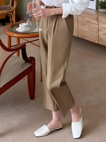 DAZY Zipper Fly Plicated Detail Cropped Trousers - Brown - View 2