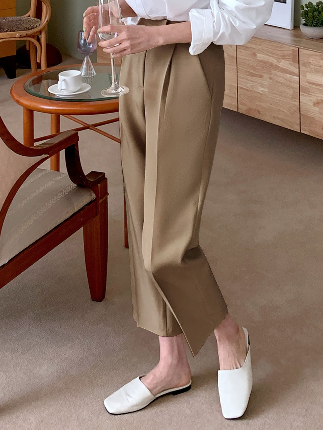 Zipper Fly Plicated Detail Cropped Pants,Women Dress Pants