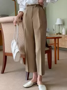 DAZY Zipper Fly Plicated Detail Cropped Trousers - Brown - View 3