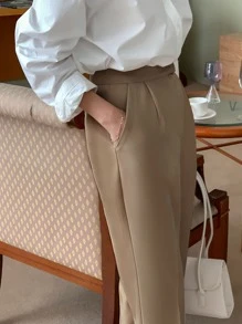 DAZY Zipper Fly Plicated Detail Cropped Trousers - Brown - View 4