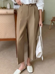 DAZY Zipper Fly Plicated Detail Cropped Trousers - Brown - View 5