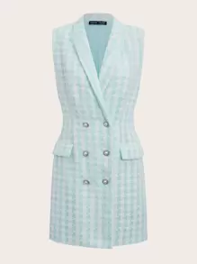 SHEIN 格子圖案雙排釦粗花呢背心大衣 - 藍白色 - 查看 1