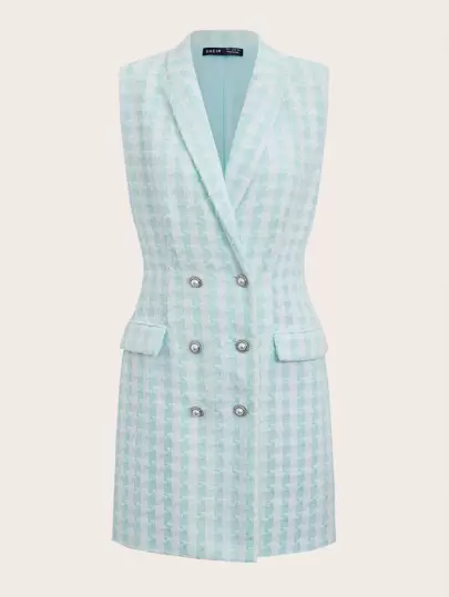 SHEIN 格子圖案雙排釦粗花呢背心大衣