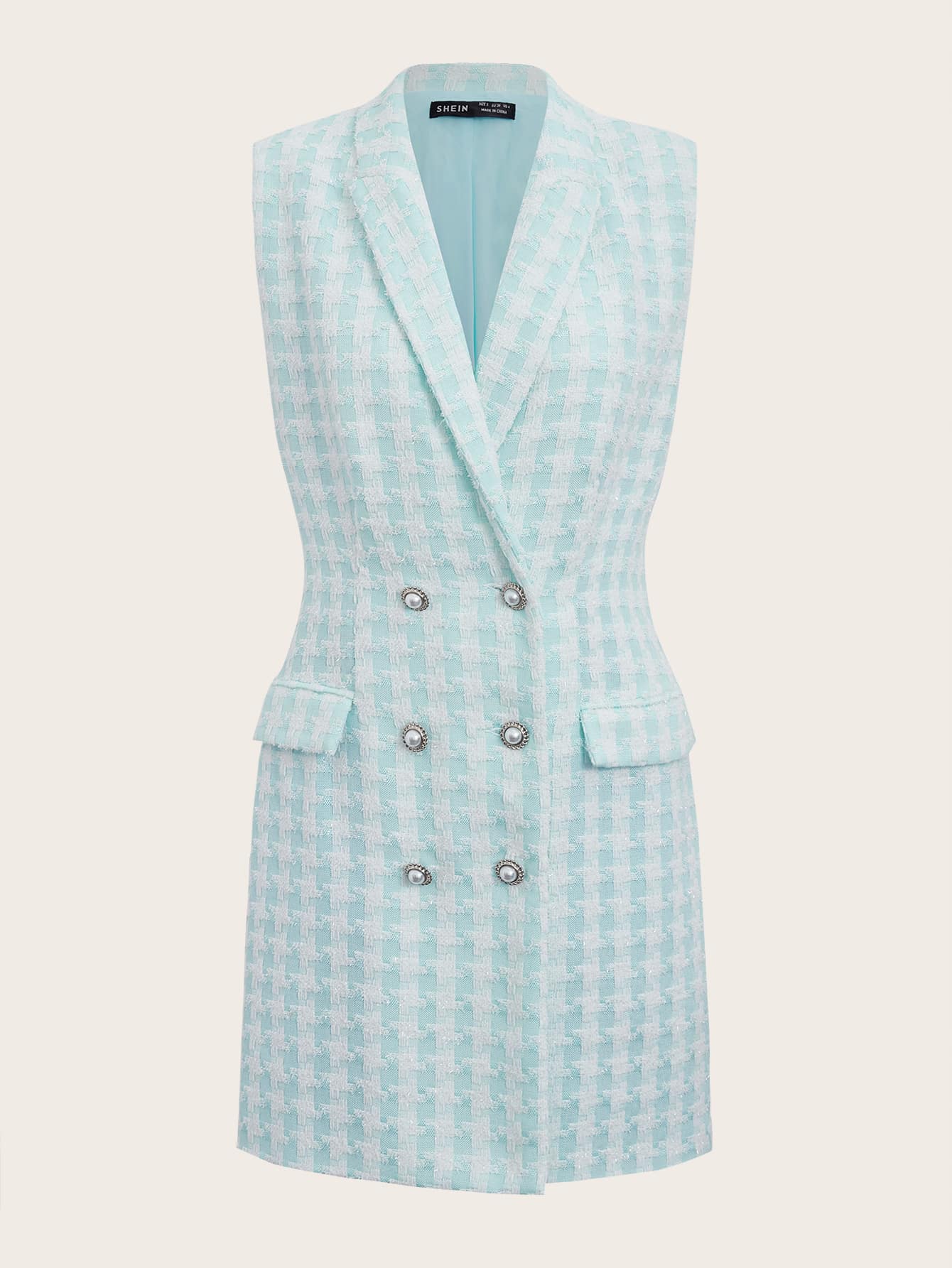 SHEIN 格子圖案雙排釦粗花呢背心大衣 - 藍白色 - 查看 1