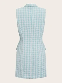 SHEIN 格子圖案雙排釦粗花呢背心大衣 - 藍白色 - 查看 2