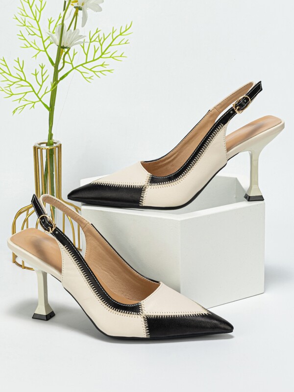 حذاء كعب عالي أنيق ذو تفاصيل خياطة ذات لونين، أحذية نسائية أنيقة متعددة الألوان مع إبزيم وتصميم كتلة اللون، كعب عالي