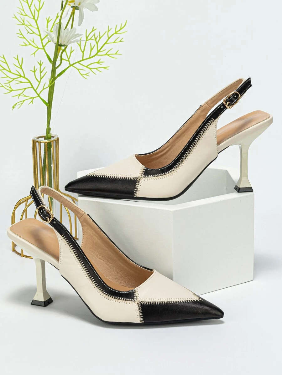 Fall/Winter Two Tone Stitch Detail Slingback Pumps, Multicolor Elegant Shoes For Women With Buckle And Color-Block Design High Heels,Elegant