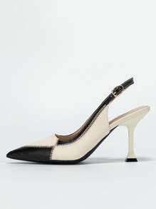 Fall/Winter Two Tone Stitch Detail Slingback Pumps, Multicolor Elegant Shoes For Women With Buckle And Color-Block Design High Heels,Elegant
