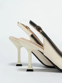 Fall/Winter Two Tone Stitch Detail Slingback Pumps, Multicolor Elegant Shoes For Women With Buckle And Color-Block Design High Heels,Elegant