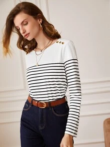 SHEIN Frenchy 條紋圖案紐扣細節T恤 - 白色 - 查看 5