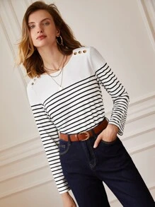 SHEIN Frenchy 條紋圖案紐扣細節T恤 - 白色 - 查看 6