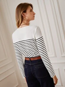 SHEIN Frenchy 條紋圖案紐扣細節T恤 - 白色 - 查看 7