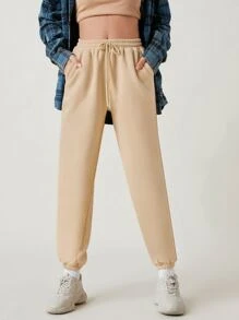 SHEIN BASICS 舒適抓絨抽繩腰斜口袋純色抓絨慢跑褲 - 卡其色 - 查看 1