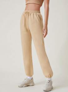 SHEIN BASICS 舒適抓絨抽繩腰斜口袋純色抓絨慢跑褲 - 卡其色 - 查看 4