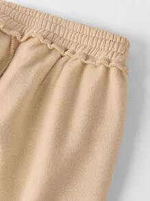 SHEIN BASICS 舒適抓絨抽繩腰斜口袋純色抓絨慢跑褲 - 卡其色 - 查看 5