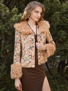 SHEIN MOD Fuzzy Collar Paisley Print Jacket - Multicolor - View 3