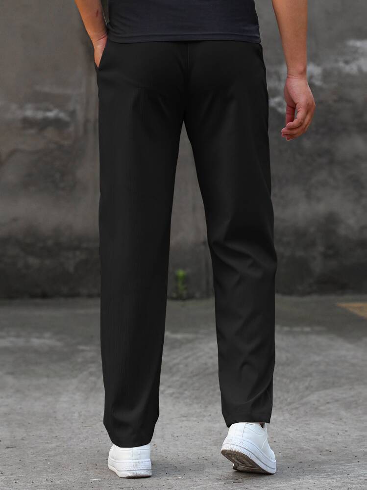 Manfinity Homme Loose Fit Men's Letter Patched Drawstring Waist Straight Leg Pants, Fall - Black - View 2