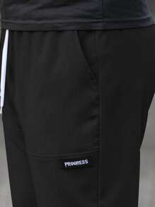 Manfinity Homme Loose Fit Men's Letter Patched Drawstring Waist Straight Leg Pants, Fall - Black - View 3
