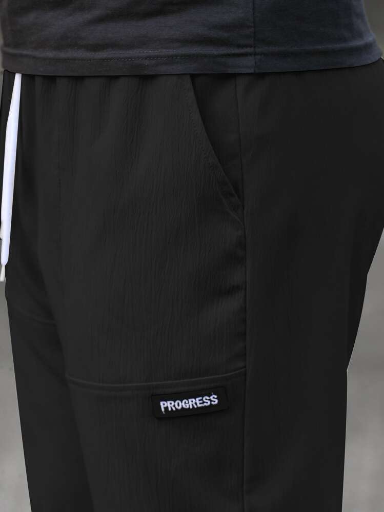 Manfinity Homme Loose Fit Men's Letter Patched Drawstring Waist Straight Leg Pants, Fall - Black - View 3
