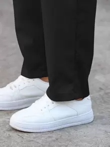 Manfinity Homme Loose Fit Men's Letter Patched Drawstring Waist Straight Leg Pants, Fall - Black - View 4