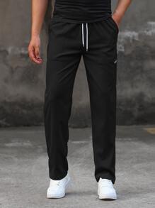 Manfinity Homme Loose Fit Men's Letter Patched Drawstring Waist Straight Leg Pants, Fall - Black - View 5