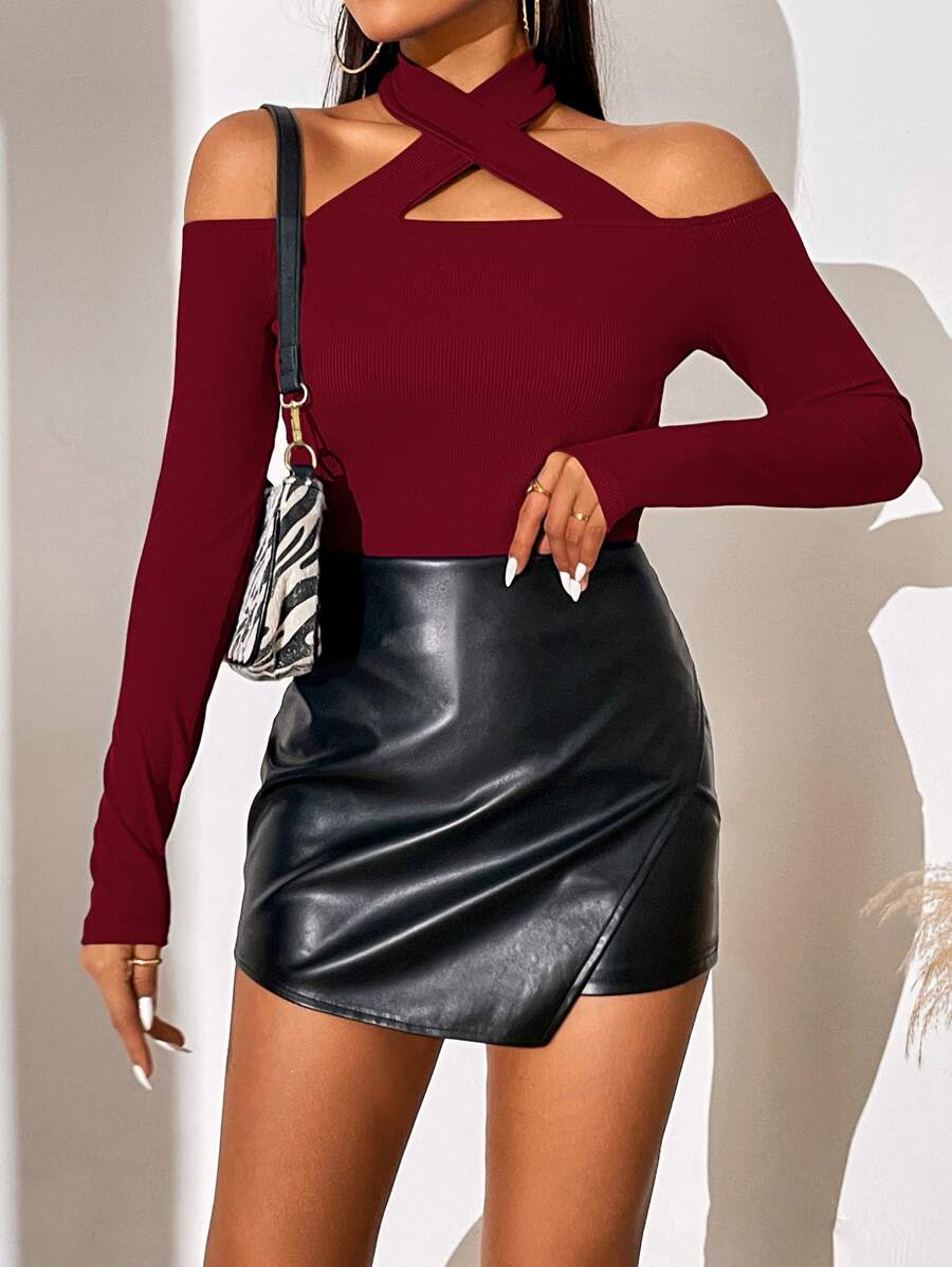 SHEIN Privé Solid Criss Cross Halter Neck Tee