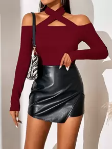 SHEIN Privé Solid Criss Cross Halter Neck Tee