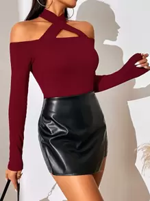 SHEIN Privé Solid Criss Cross Halter Neck Tee