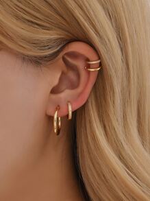 2pairs Rhinestone Decor Hoop Earrings & 2pcs Ear Cuff Copper Jewelry - Yellow Gold - View 1